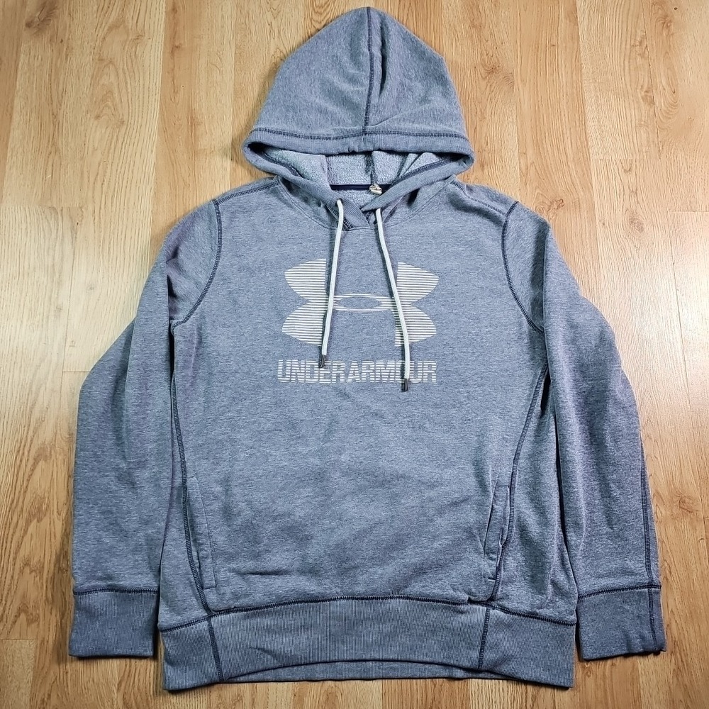 Under Armour Hoodie Mens Medium Blue Graphic Logo Fleece Pullover Loose Fit